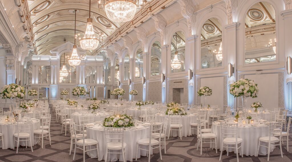 Grand Hall at the Grand Connaught Rooms dressed for a wedding breakfast